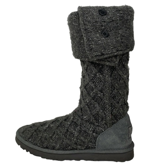 UGG Boots Women's 7 Grey Knit Sweater Calf Height Boot Cardy Lattice - Picture 1 of 14